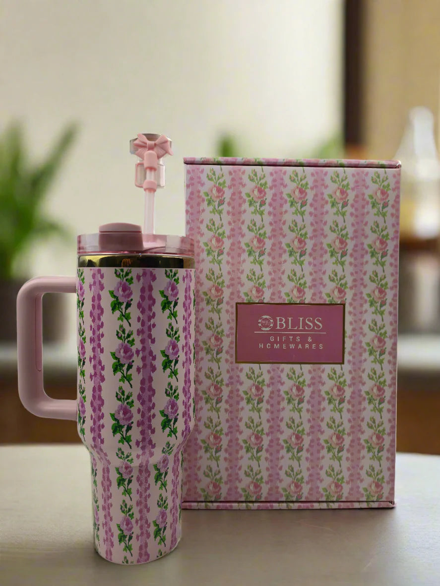 Love Shack Series – 40oz Floral Insulated Tumbler with Handle & Straw By Trento